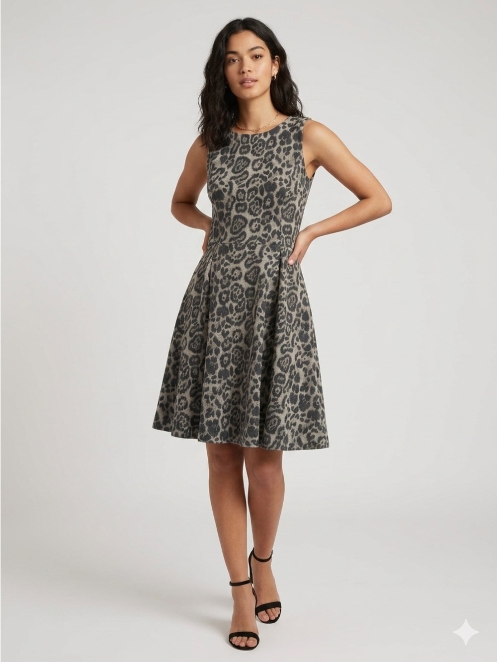 QED London Leopard Print Fit‎ and Flare Mini Dress Sleeveless Beige Grey - M